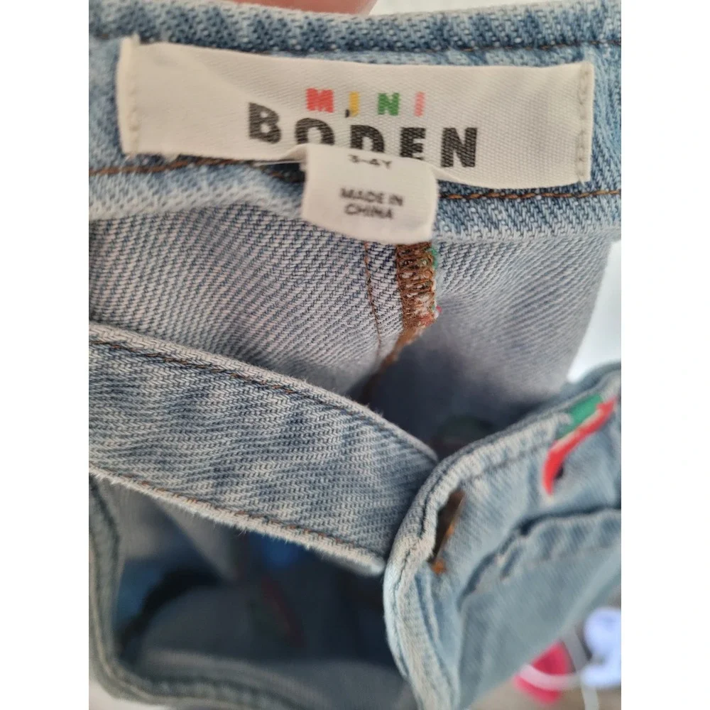 Mini Boden Kids Denim‎ Christmas Tree Car Embroidered Overalls 3-4Y Holiday #7